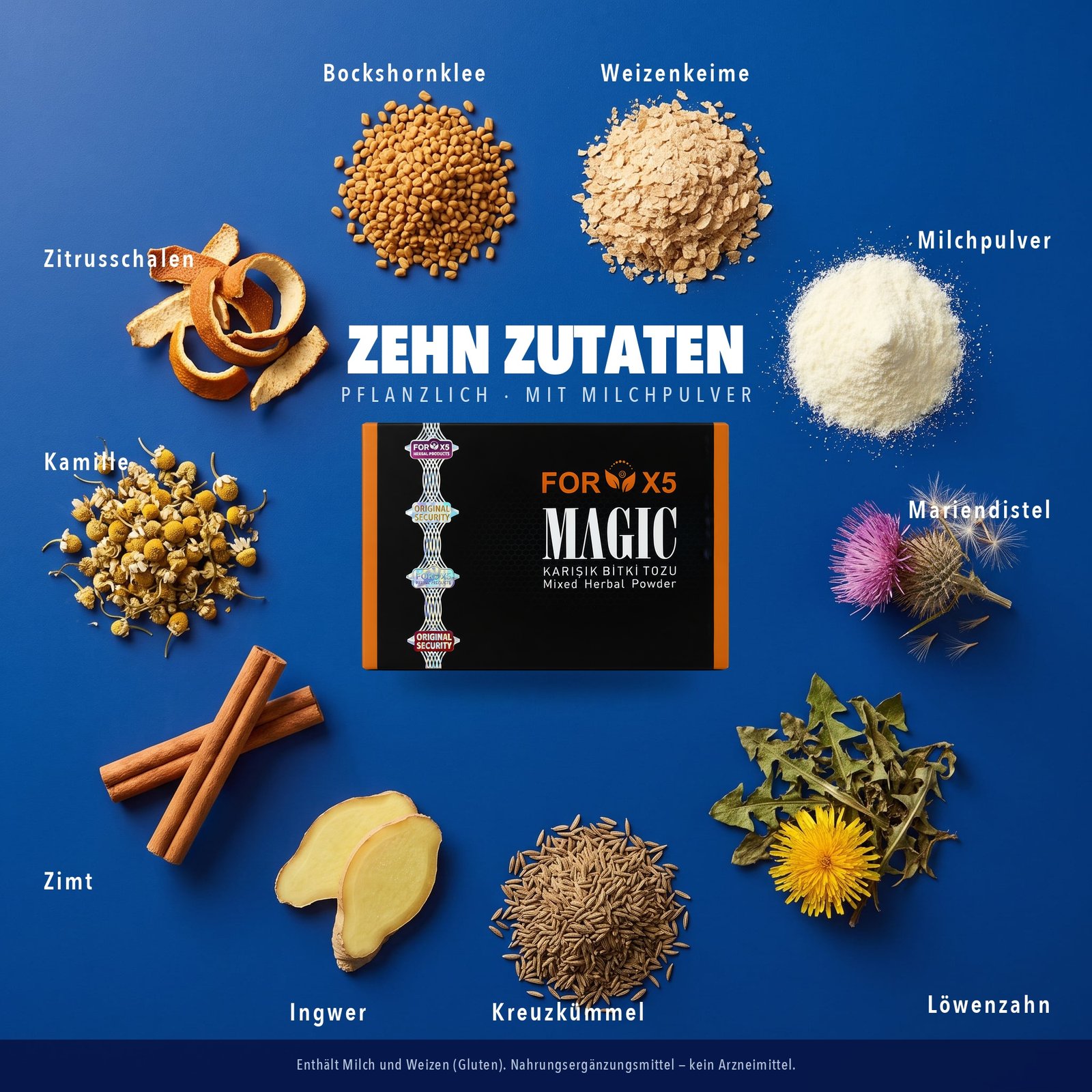 FOR X5 Magic Produktbox mit den zehn gekennzeichneten Zutaten